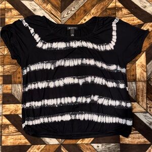 INC International Concepts Black and White Striped Tie-Dye Short Sleeve Top